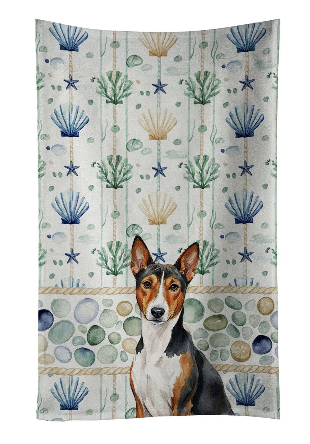 Tricolor and White Basenji Coastal Sea Glass Kitchen Towel Velour Plush Front and Cotton Loop Back Machine Washable
