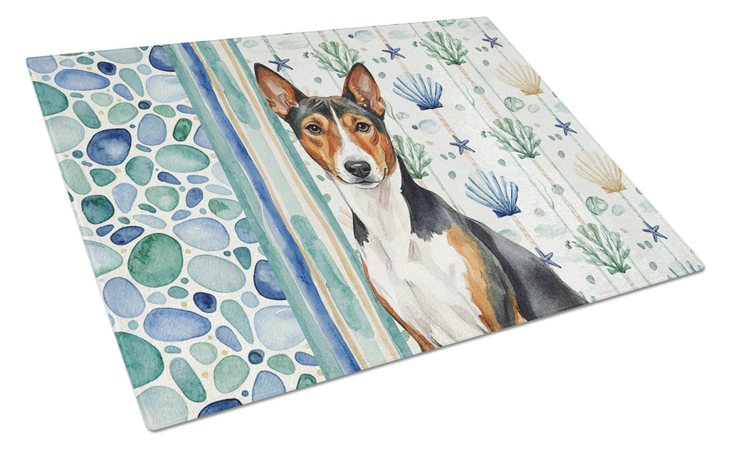 Tricolor and White Basenji Coastal Sea Glass Cutting Board Tempered Glass Kitchen Cutting Surface, Heat Resistant Chopping, Non-Slip Feet, Food Prep & Serving