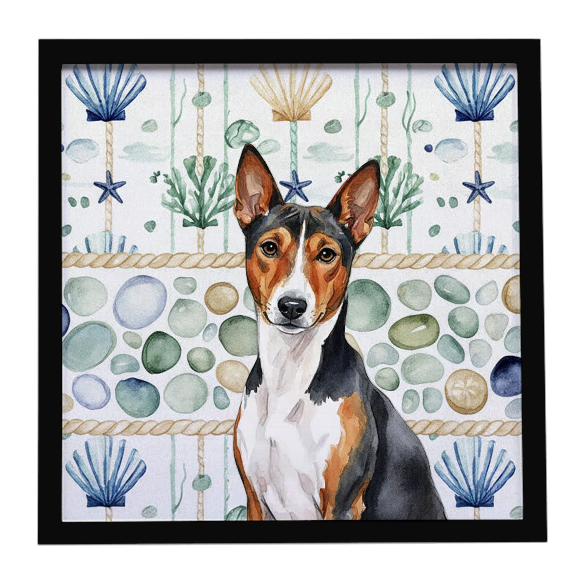 Tricolor and White Basenji Coastal Sea Glass Framed Metal Print Bathroom, Kitchen, Office, Home Decor Wall Art Ready to Hang, Square, 8X8