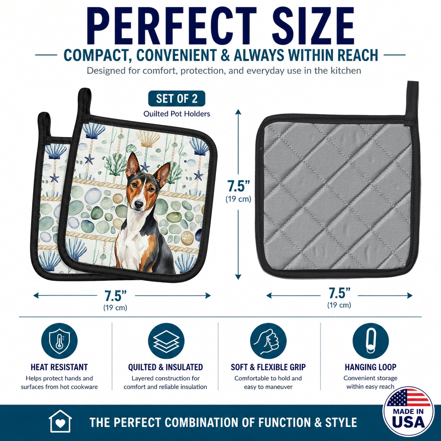 Tricolor and White Basenji Coastal Sea Glass Pot Holder Set of 2 Heat Resistant Quilted Hot Pads 7.5 x 7.5 Inch, Insulated Kitchen Trivets for Cooking & Baking