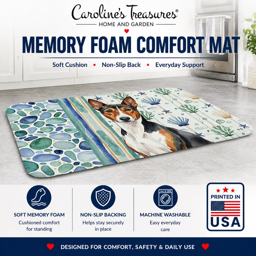 Tricolor and White Basenji Coastal Sea Glass Memory Foam Kitchen Mat Machine Washable Anti-Fatigue Cushion Comfort Bath or Kitchen Rug
