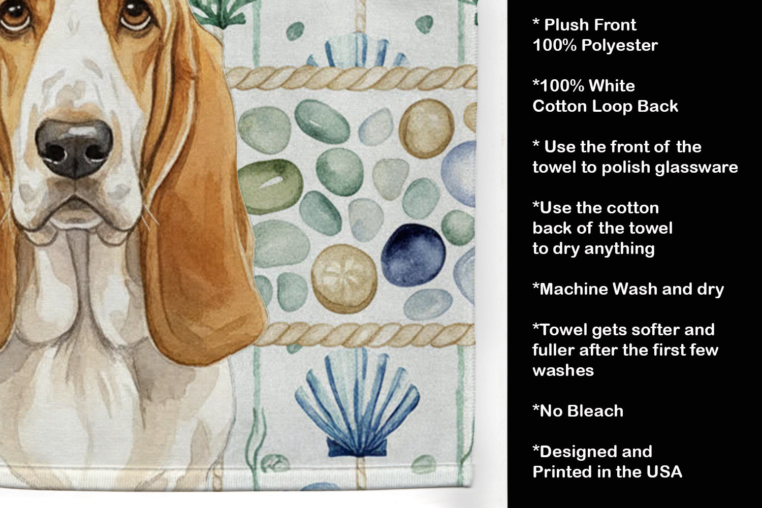 Lemon and White Basset Hound Coastal Sea Glass Kitchen Towel Velour Plush Front and Cotton Loop Back Machine Washable