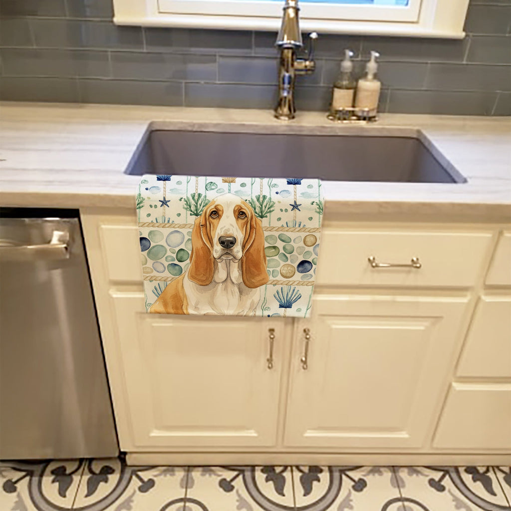 Lemon and White Basset Hound Coastal Sea Glass Kitchen Towel Velour Plush Front and Cotton Loop Back Machine Washable