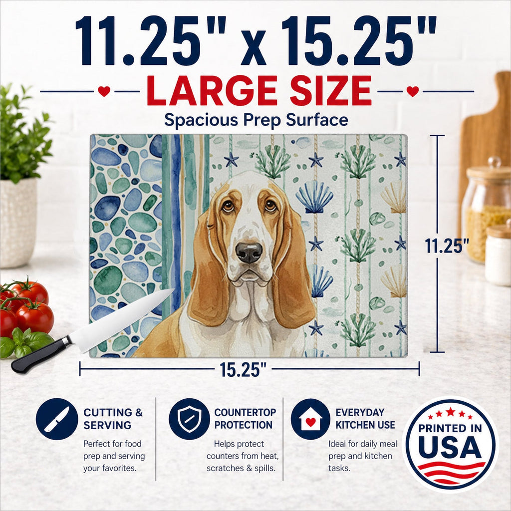 Lemon and White Basset Hound Coastal Sea Glass Cutting Board Tempered Glass Kitchen Cutting Surface, Heat Resistant Chopping, Non-Slip Feet, Food Prep & Serving