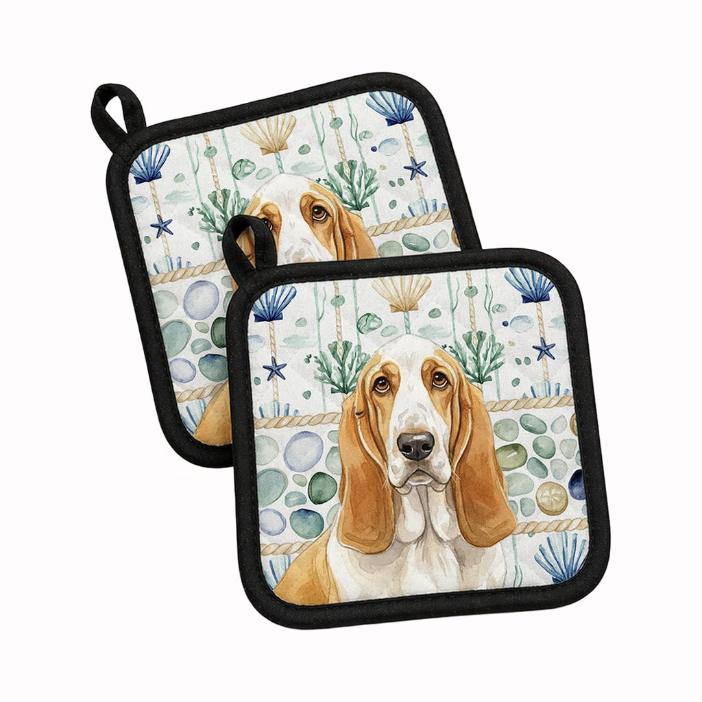 Lemon and White Basset Hound Coastal Sea Glass Pot Holder Set of 2 Heat Resistant Quilted Hot Pads 7.5 x 7.5 Inch, Insulated Kitchen Trivets for Cooking & Baking
