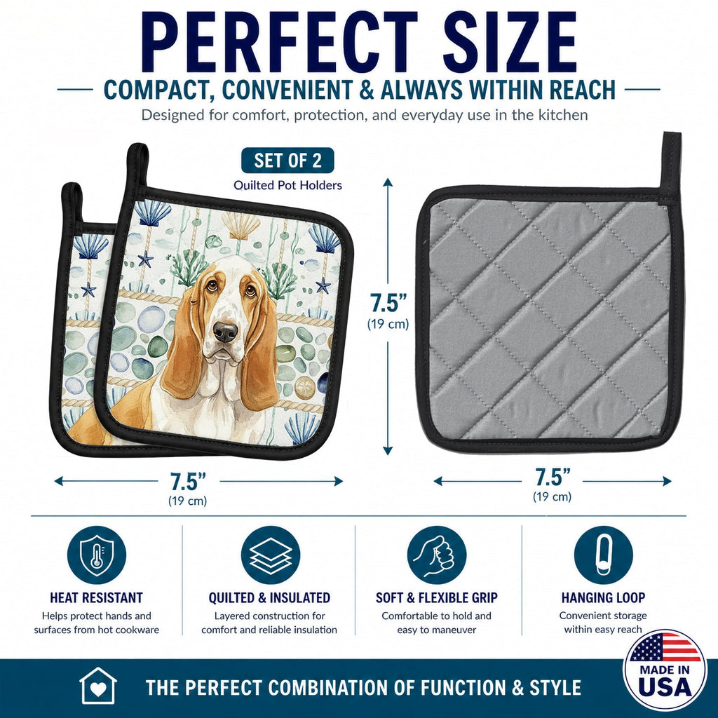 Lemon and White Basset Hound Coastal Sea Glass Pot Holder Set of 2 Heat Resistant Quilted Hot Pads 7.5 x 7.5 Inch, Insulated Kitchen Trivets for Cooking & Baking