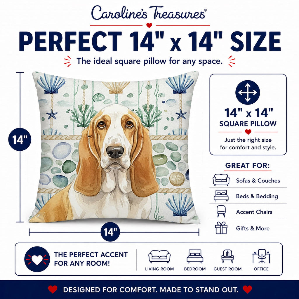 Lemon and White Basset Hound Coastal Sea Glass Decorative Throw Pillow 14x14 Indoor Outdoor Accent Cushion, Fabric Cover with Insert for Sofa, Bed, Porch & Living Room