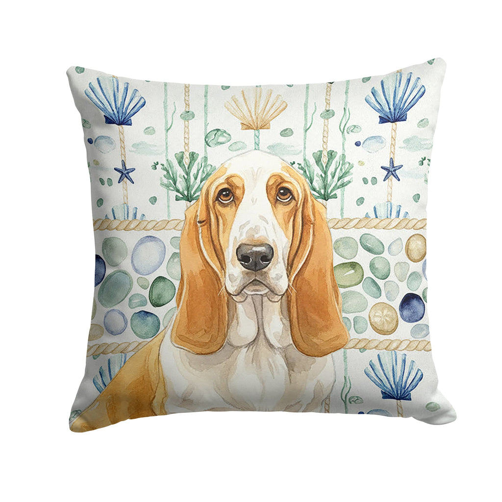 Lemon and White Basset Hound Coastal Sea Glass Decorative Throw Pillow 14x14 Indoor Outdoor Accent Cushion, Fabric Cover with Insert for Sofa, Bed, Porch & Living Room