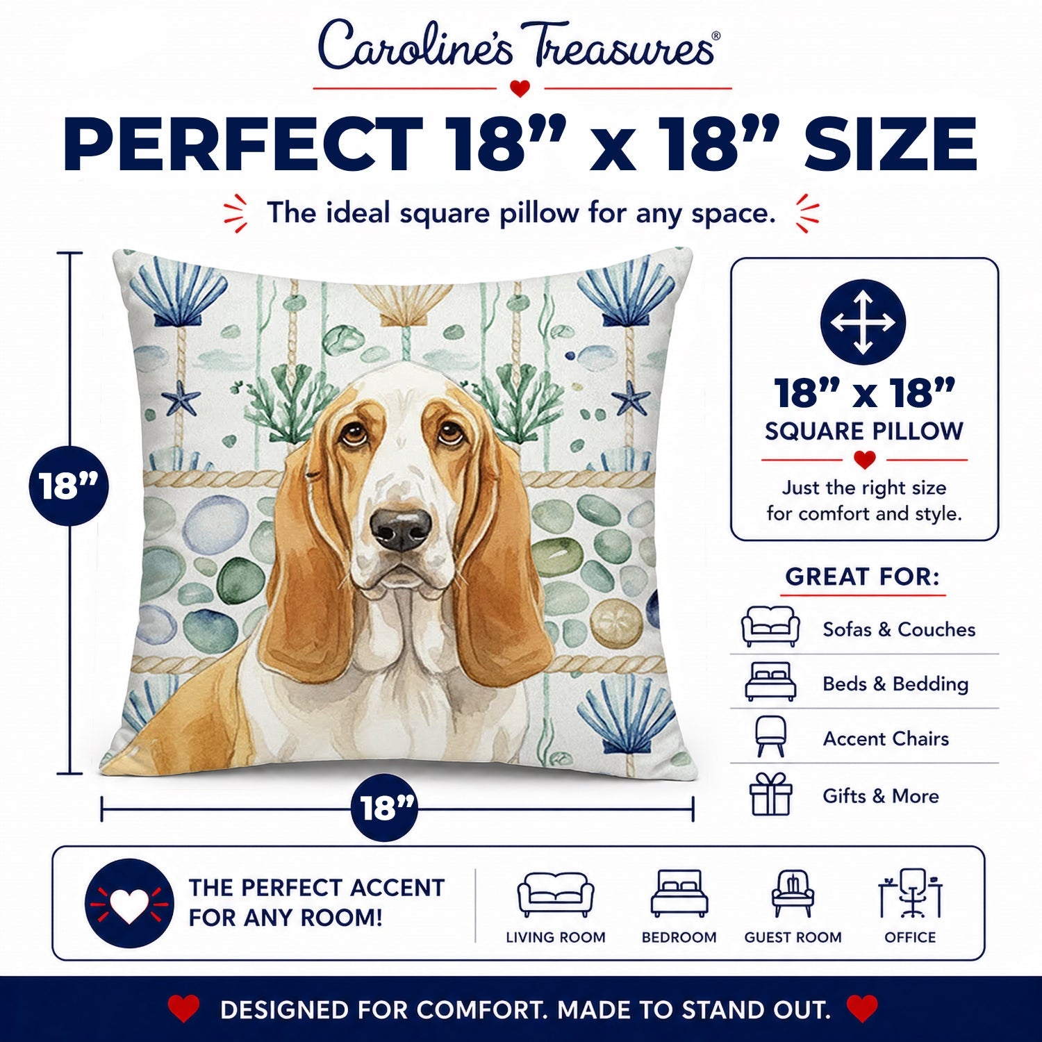 Lemon and White Basset Hound Coastal Sea Glass Decorative Throw Pillow 18x18 Indoor Outdoor Accent Cushion, Fabric Cover with Insert for Sofa, Bed, Porch & Living Room