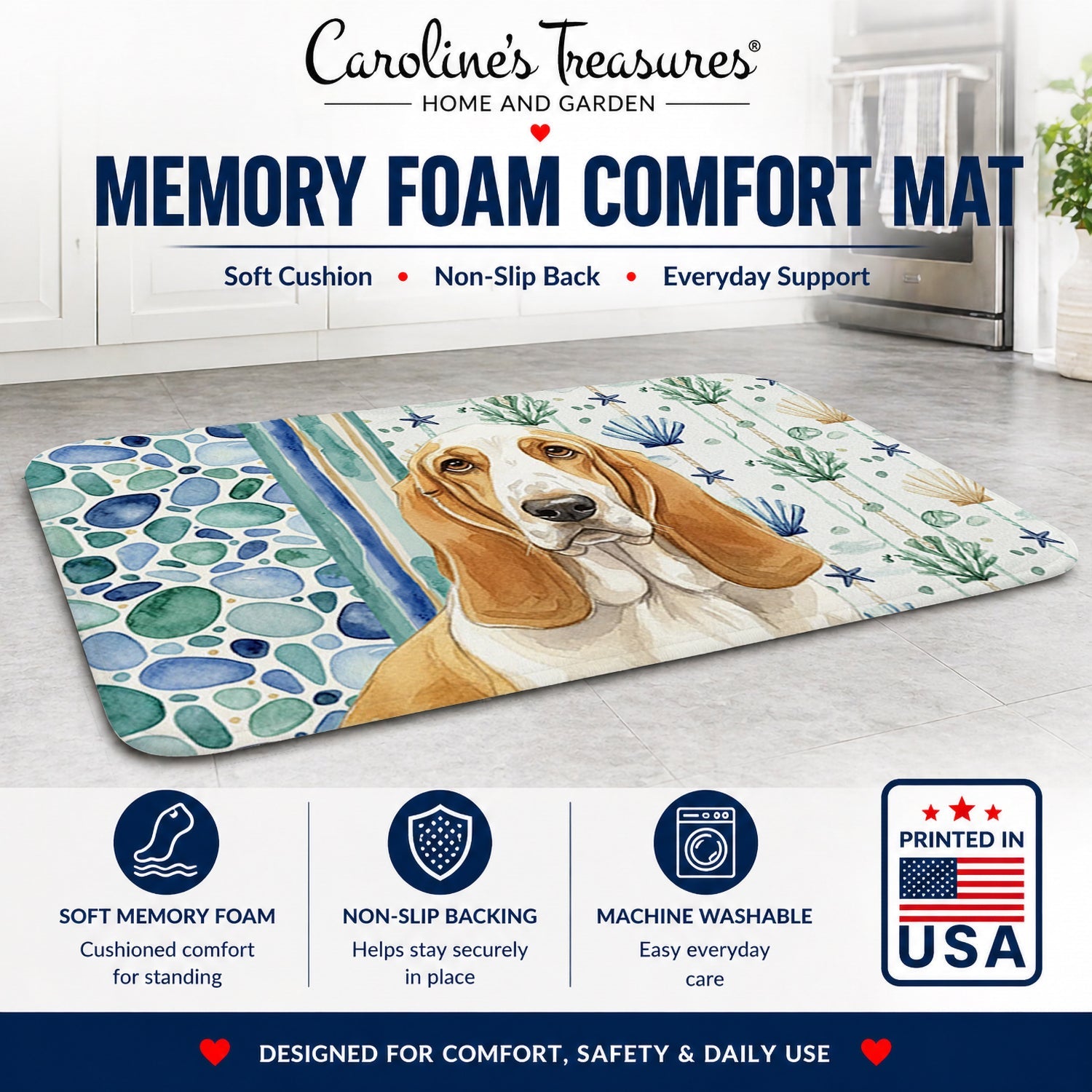 Lemon and White Basset Hound Coastal Sea Glass Memory Foam Kitchen Mat Machine Washable Anti-Fatigue Cushion Comfort Bath or Kitchen Rug