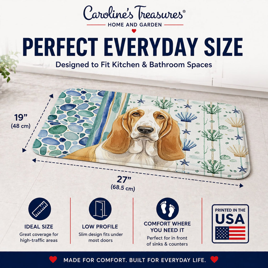 Lemon and White Basset Hound Coastal Sea Glass Memory Foam Kitchen Mat Machine Washable Anti-Fatigue Cushion Comfort Bath or Kitchen Rug