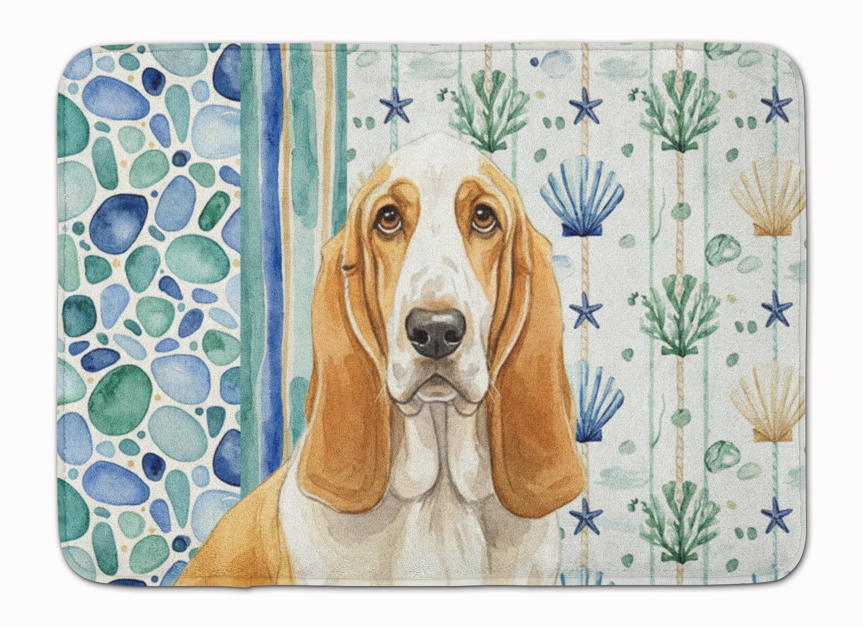 Lemon and White Basset Hound Coastal Sea Glass Memory Foam Kitchen Mat Machine Washable Anti-Fatigue Cushion Comfort Bath or Kitchen Rug