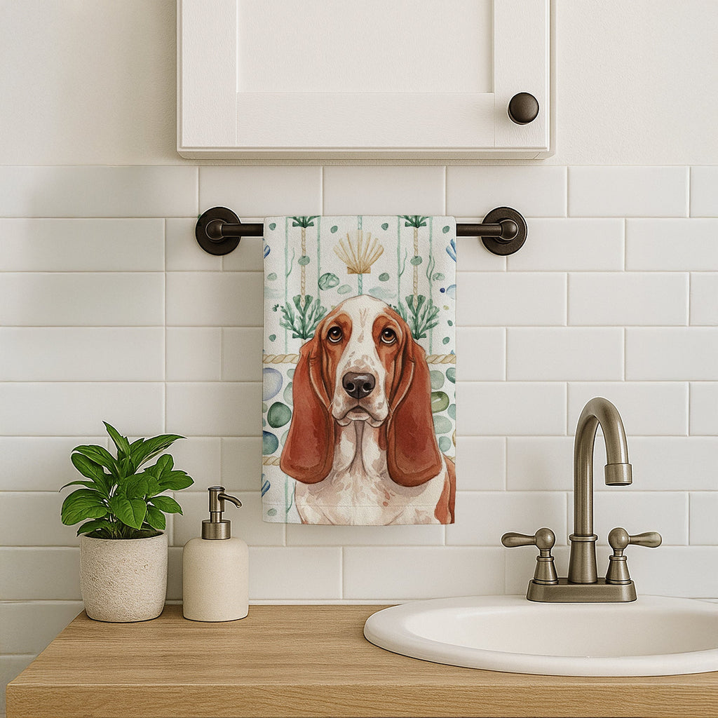 Red and White Basset Hound Coastal Sea Glass Kitchen Towel Velour Plush Front and Cotton Loop Back Machine Washable