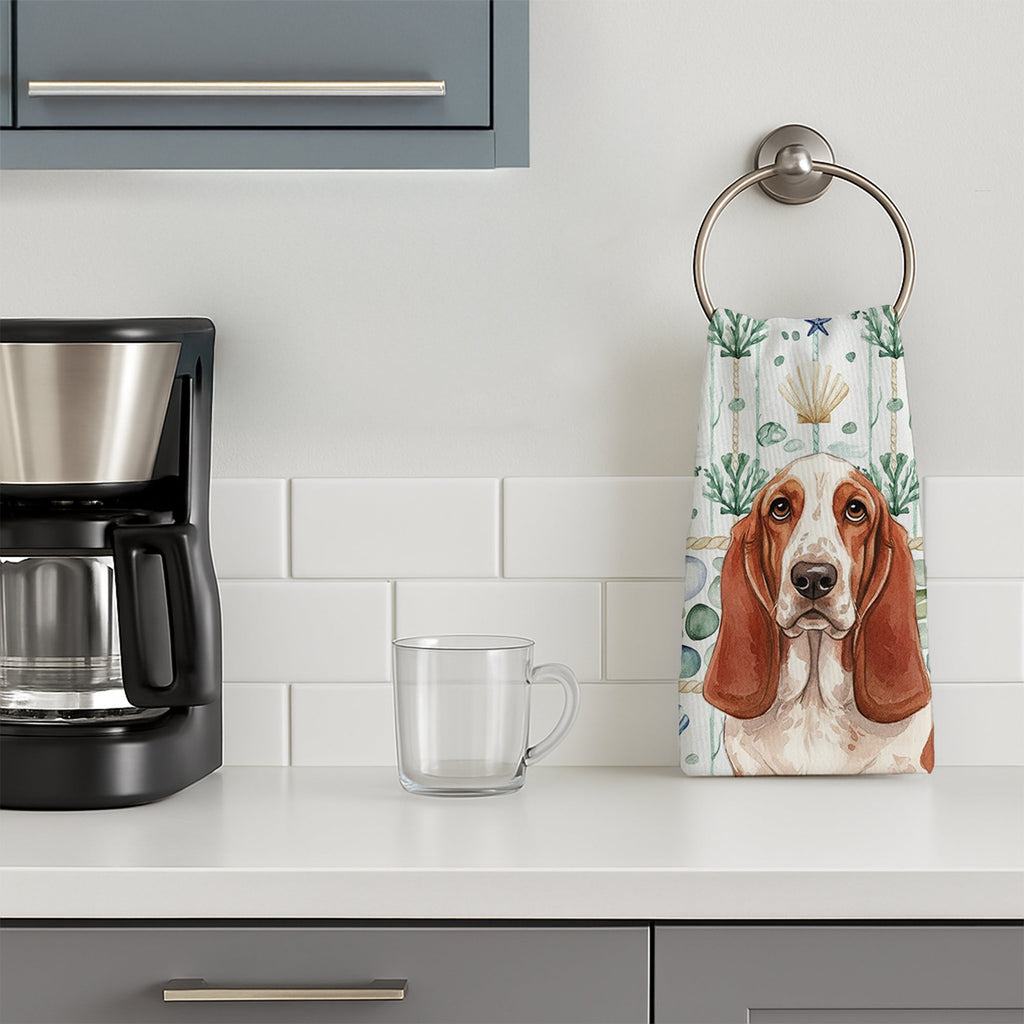 Red and White Basset Hound Coastal Sea Glass Kitchen Towel Velour Plush Front and Cotton Loop Back Machine Washable