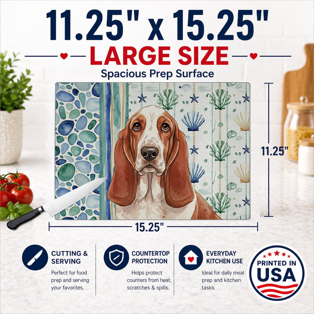 Red and White Basset Hound Coastal Sea Glass Cutting Board Tempered Glass Kitchen Cutting Surface, Heat Resistant Chopping, Non-Slip Feet, Food Prep & Serving