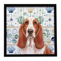 Red and White Basset Hound Coastal Sea Glass Framed Metal Print Bathroom, Kitchen, Office, Home Decor Wall Art Ready to Hang, Square, 8X8