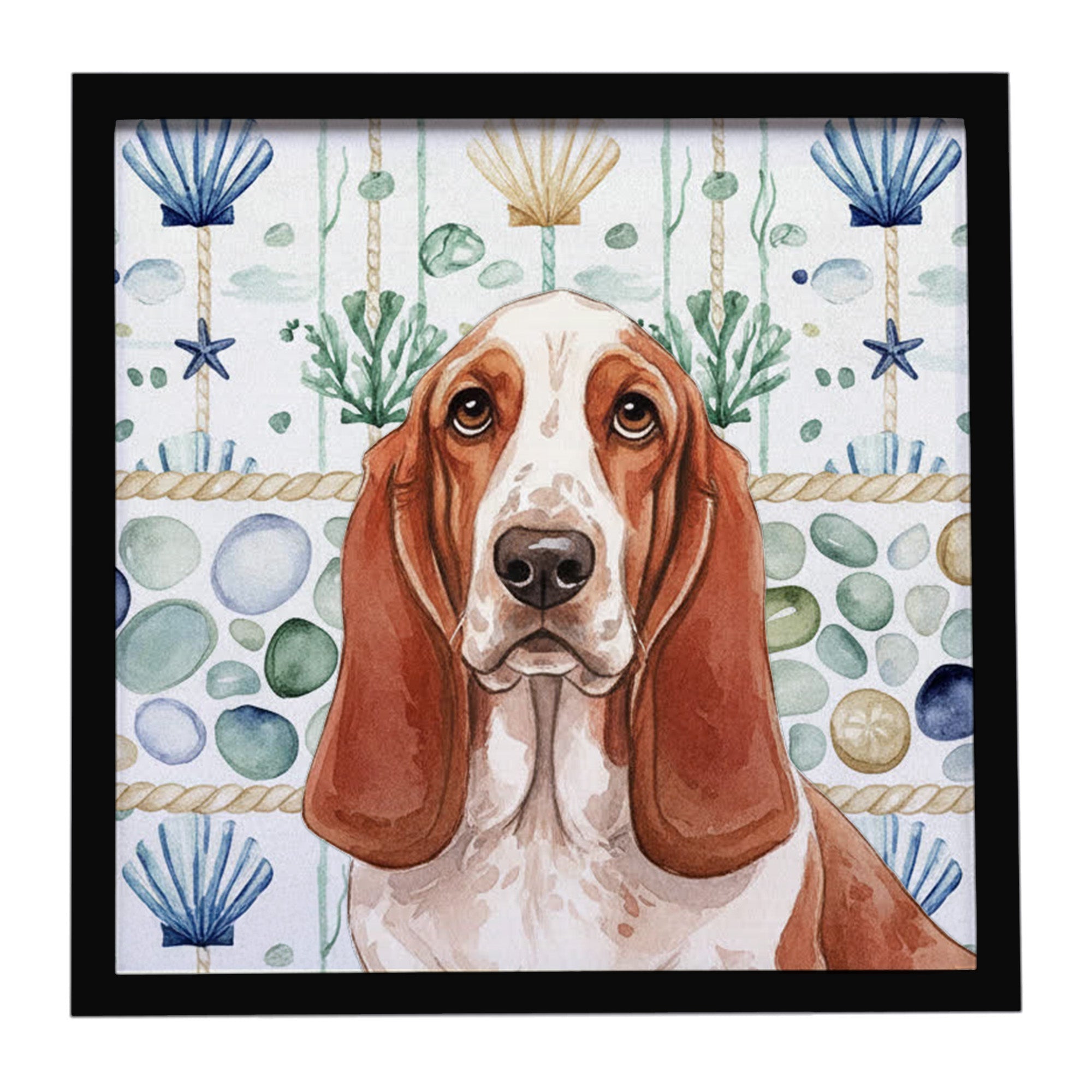 Red and White Basset Hound Coastal Sea Glass Framed Metal Print Bathroom, Kitchen, Office, Home Decor Wall Art Ready to Hang, Square, 8X8