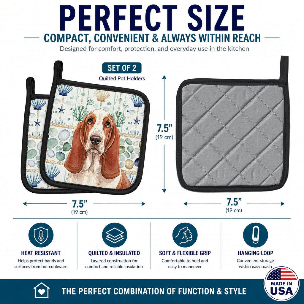 Red and White Basset Hound Coastal Sea Glass Pot Holder Set of 2 Heat Resistant Quilted Hot Pads 7.5 x 7.5 Inch, Insulated Kitchen Trivets for Cooking & Baking