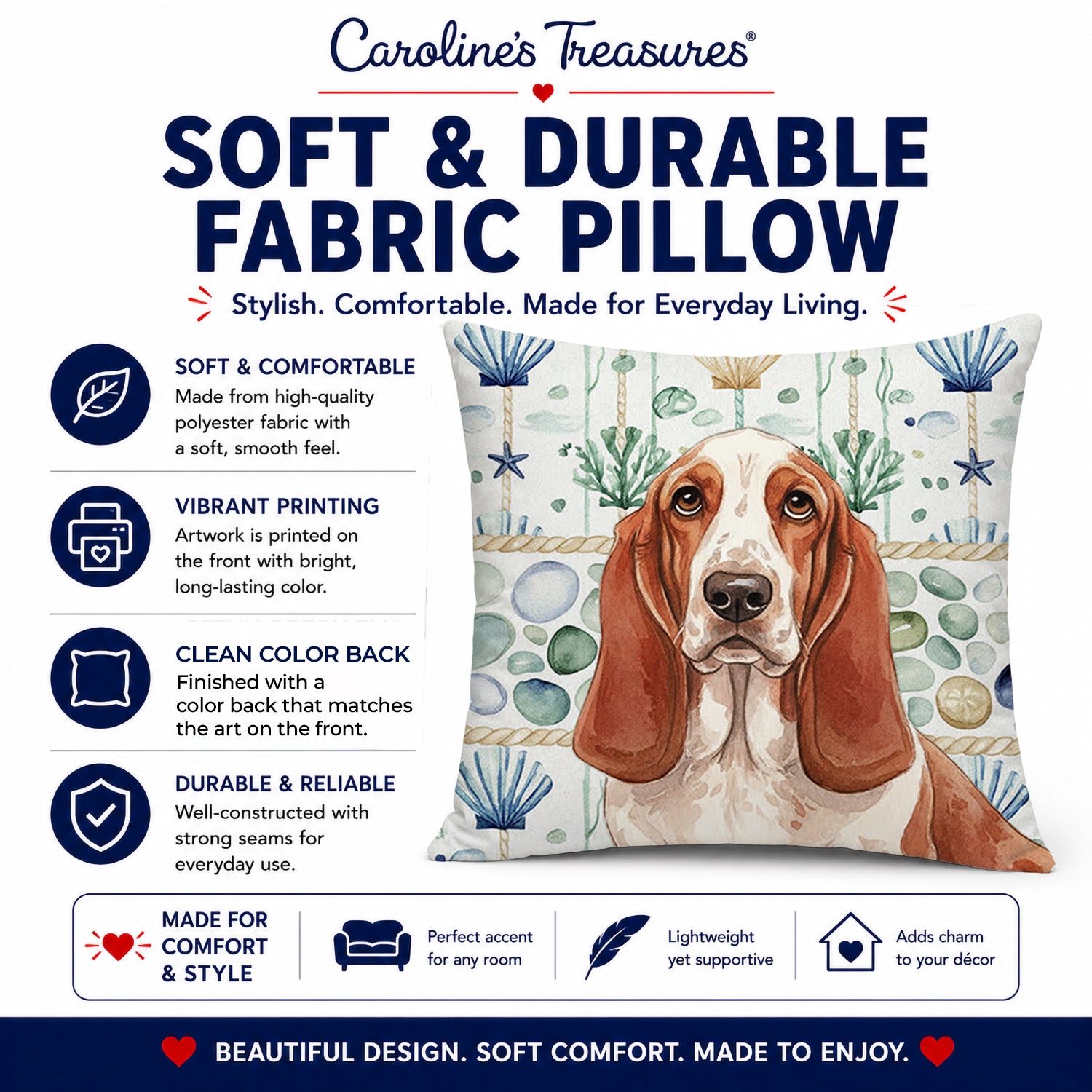 Red and White Basset Hound Coastal Sea Glass Decorative Throw Pillow 18x18 Indoor Outdoor Accent Cushion, Fabric Cover with Insert for Sofa, Bed, Porch & Living Room