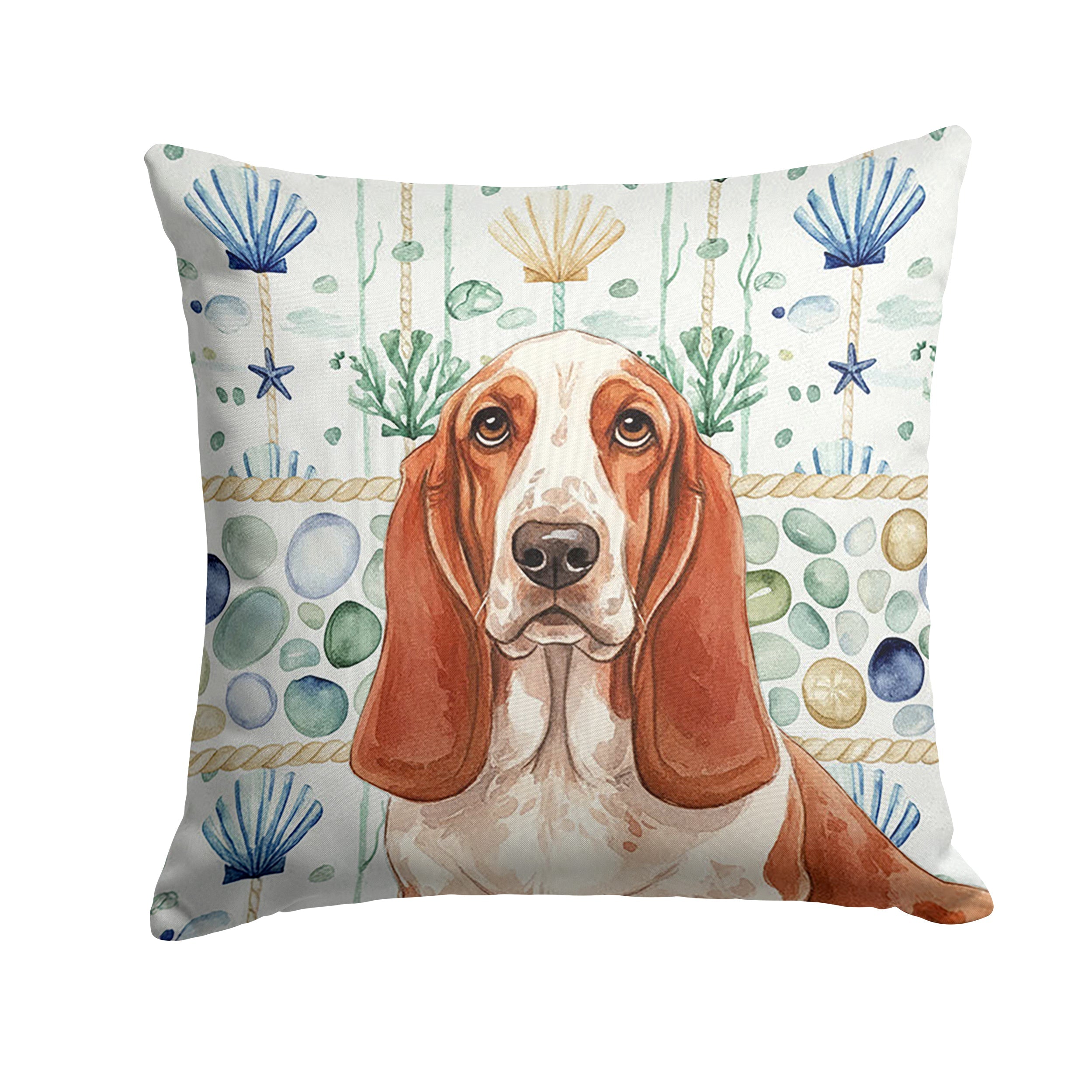 Red and White Basset Hound Coastal Sea Glass Decorative Throw Pillow 18x18 Indoor Outdoor Accent Cushion, Fabric Cover with Insert for Sofa, Bed, Porch & Living Room