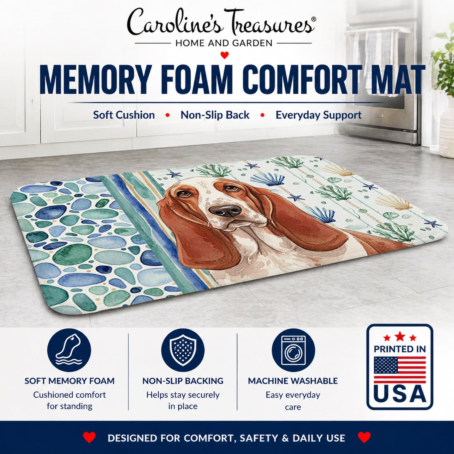 Red and White Basset Hound Coastal Sea Glass Memory Foam Kitchen Mat Machine Washable Anti-Fatigue Cushion Comfort Bath or Kitchen Rug