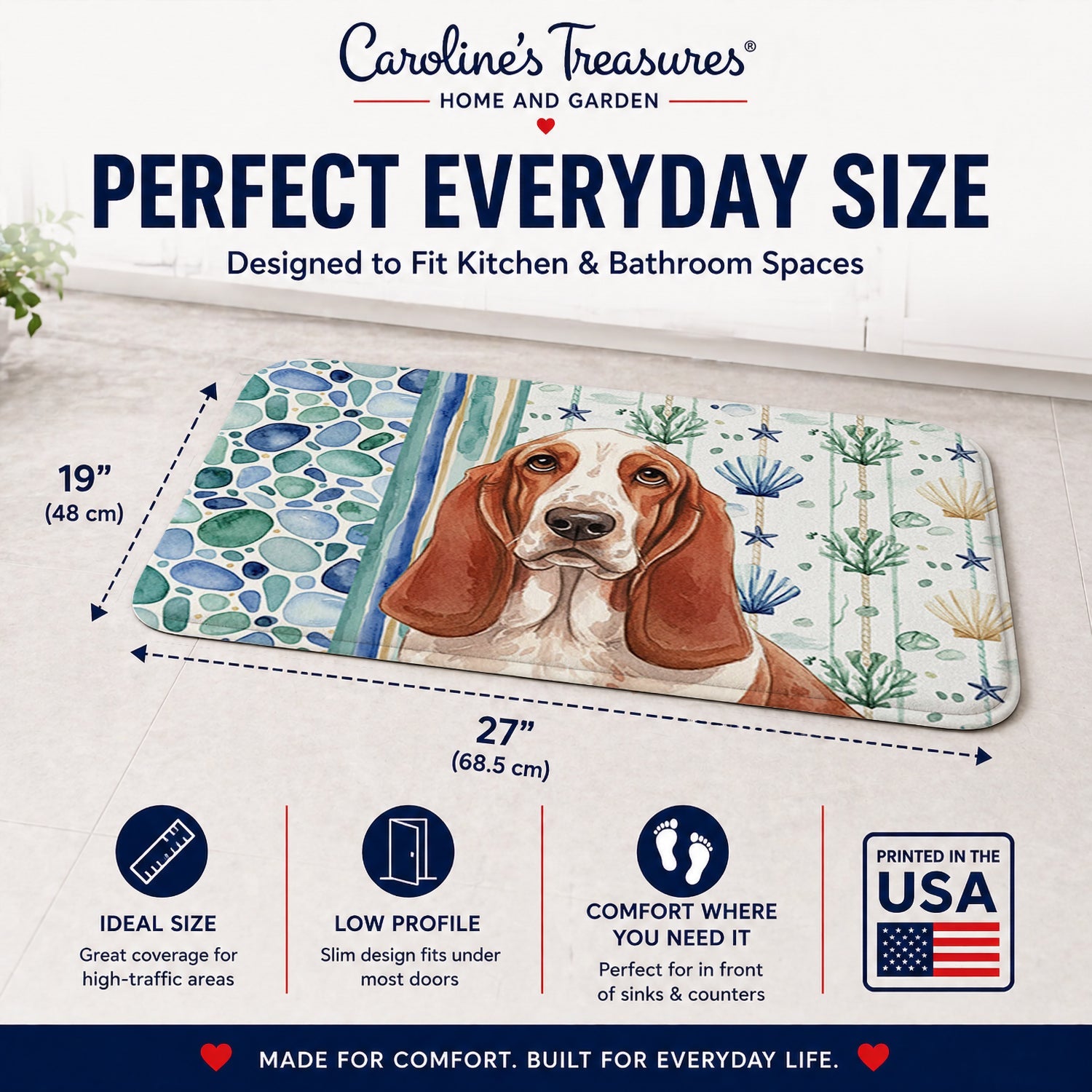 Red and White Basset Hound Coastal Sea Glass Memory Foam Kitchen Mat Machine Washable Anti-Fatigue Cushion Comfort Bath or Kitchen Rug