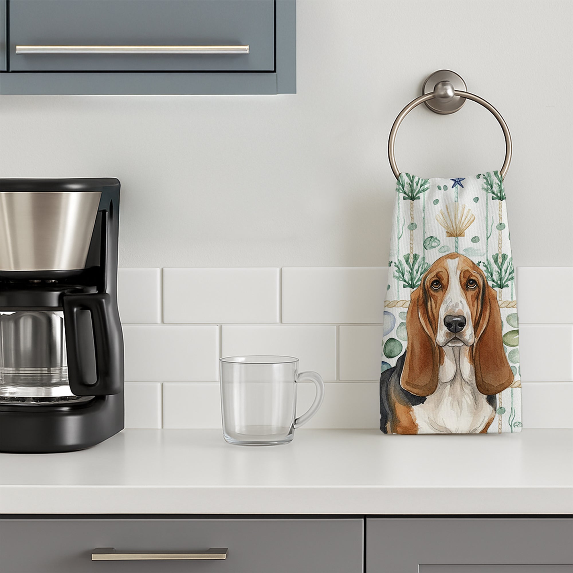 Tricolor and White Basset Hound Coastal Sea Glass Kitchen Towel Velour Plush Front and Cotton Loop Back Machine Washable
