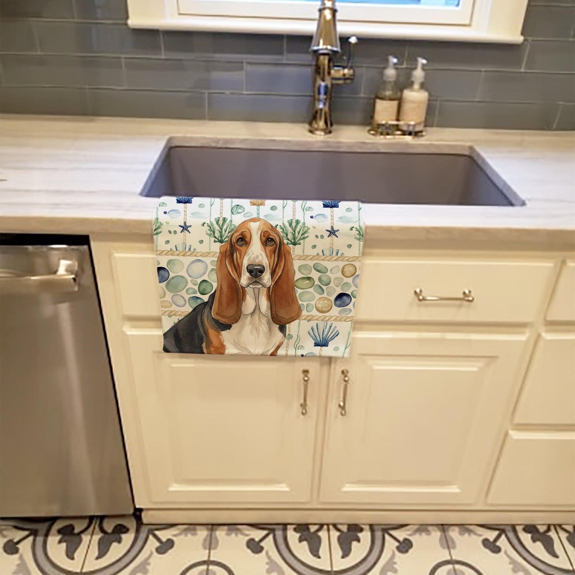 Tricolor and White Basset Hound Coastal Sea Glass Kitchen Towel Velour Plush Front and Cotton Loop Back Machine Washable