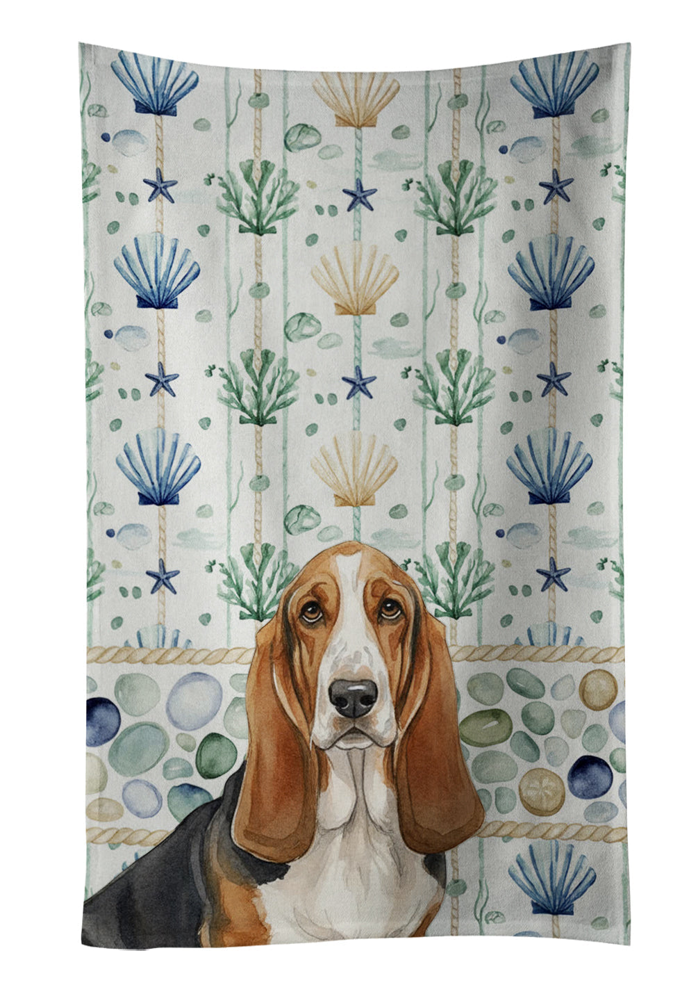 Tricolor and White Basset Hound Coastal Sea Glass Kitchen Towel Velour Plush Front and Cotton Loop Back Machine Washable