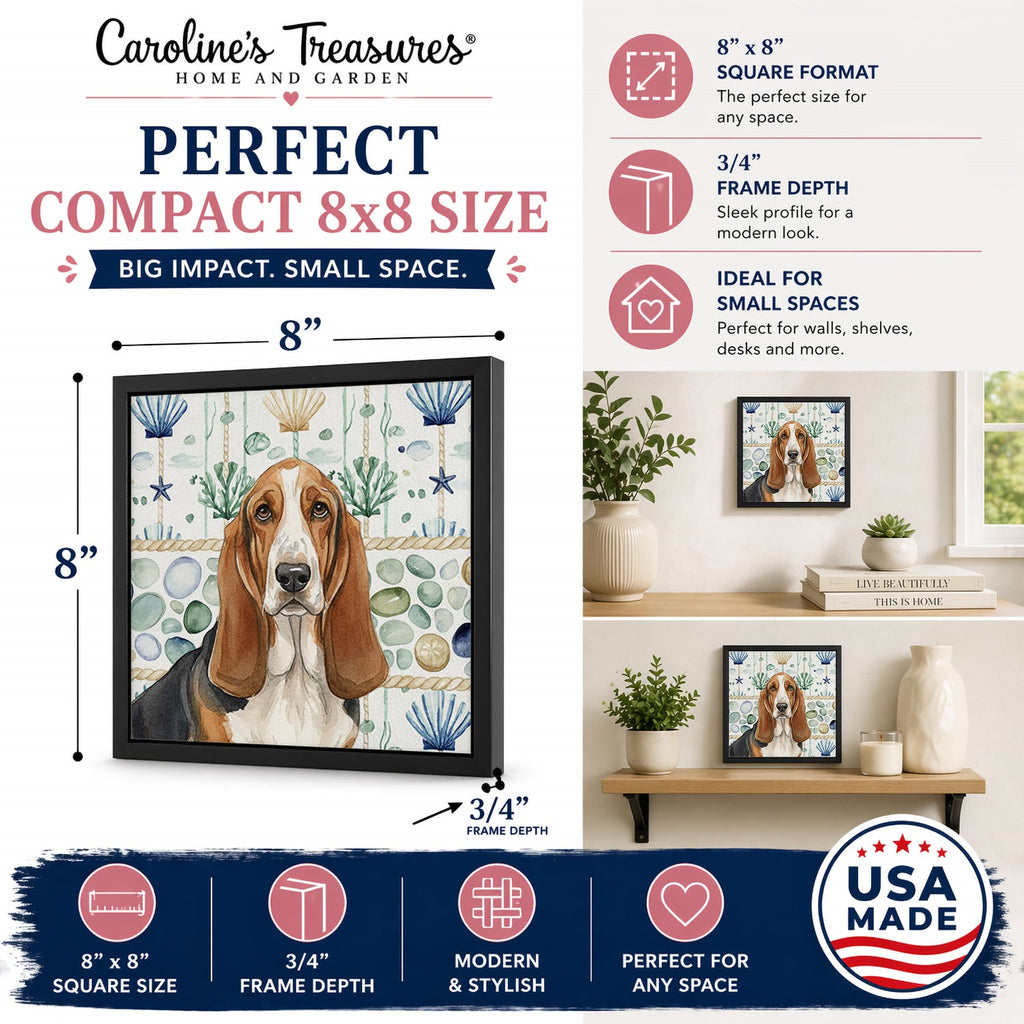 Tricolor and White Basset Hound Coastal Sea Glass Framed Metal Print Bathroom, Kitchen, Office, Home Decor Wall Art Ready to Hang, Square, 8X8