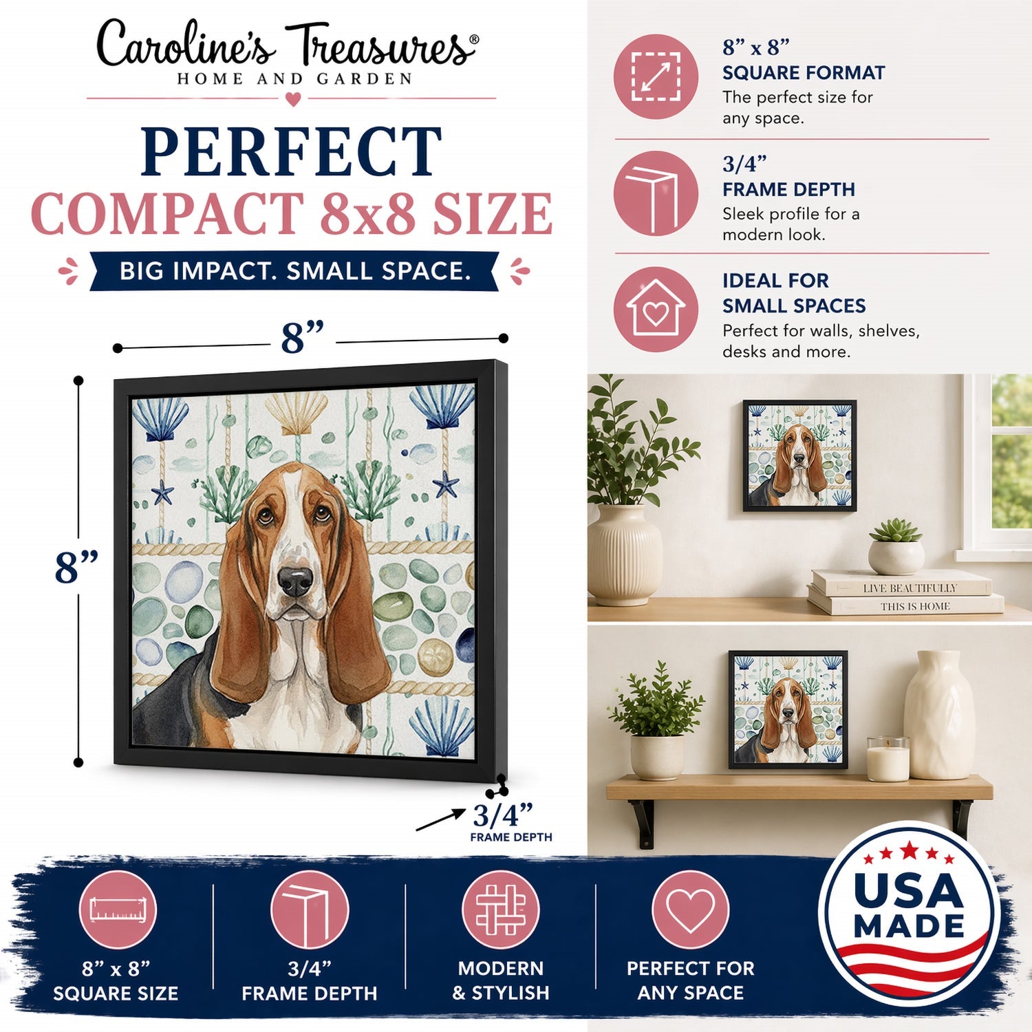 Tricolor and White Basset Hound Coastal Sea Glass Framed Metal Print Bathroom, Kitchen, Office, Home Decor Wall Art Ready to Hang, Square, 8X8