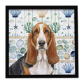 Tricolor and White Basset Hound Coastal Sea Glass Framed Metal Print Bathroom, Kitchen, Office, Home Decor Wall Art Ready to Hang, Square, 8X8