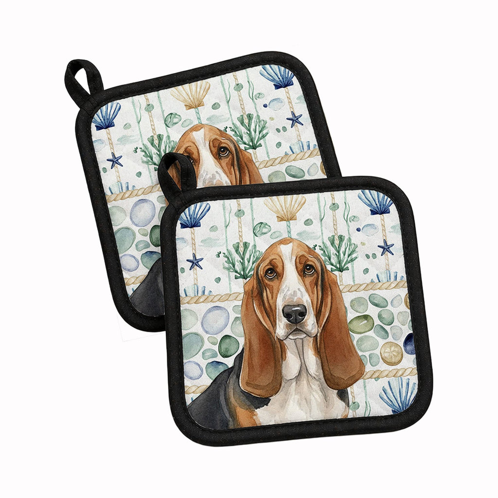 Tricolor and White Basset Hound Coastal Sea Glass Pot Holder Set of 2 Heat Resistant Quilted Hot Pads 7.5 x 7.5 Inch, Insulated Kitchen Trivets for Cooking & Baking