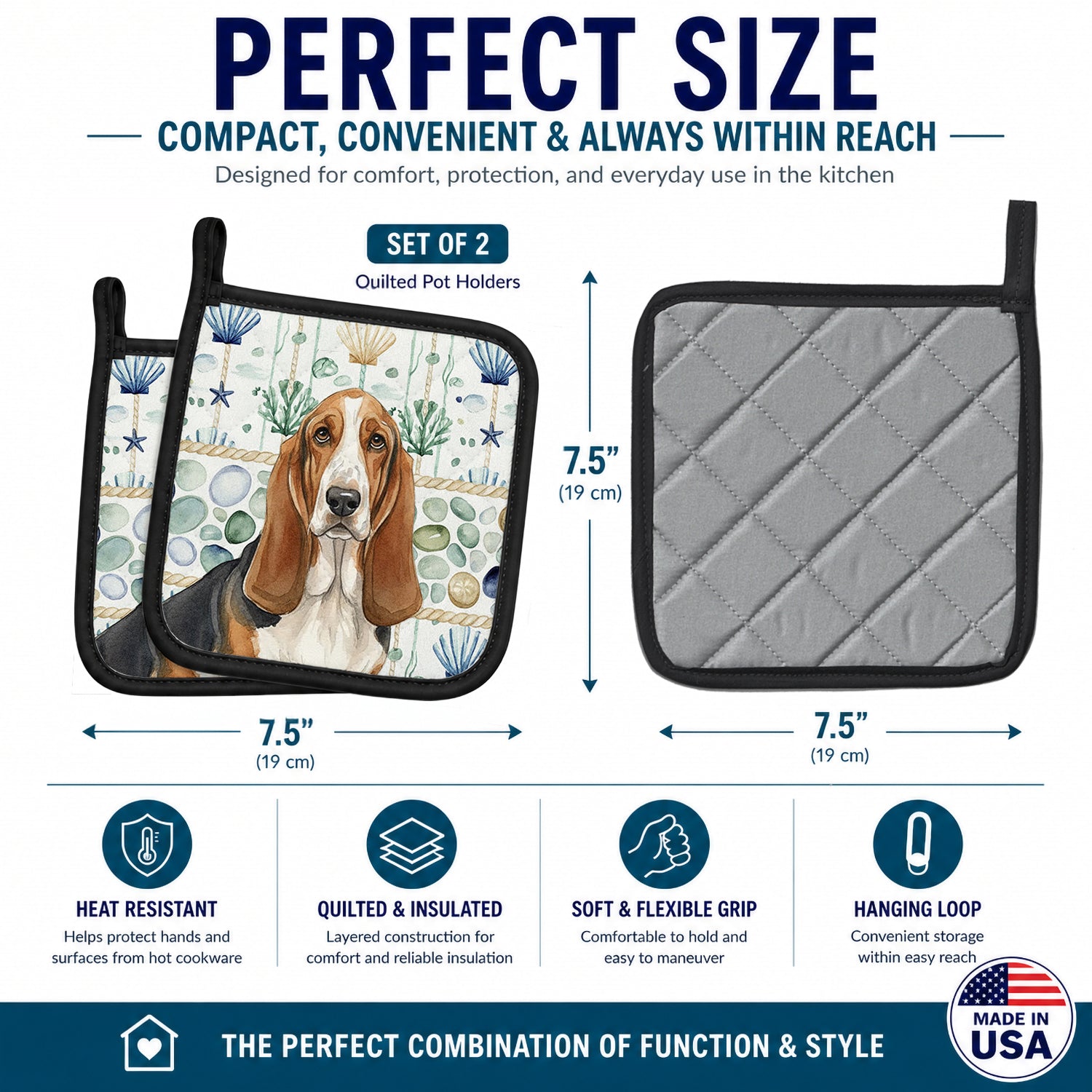 Tricolor and White Basset Hound Coastal Sea Glass Pot Holder Set of 2 Heat Resistant Quilted Hot Pads 7.5 x 7.5 Inch, Insulated Kitchen Trivets for Cooking & Baking
