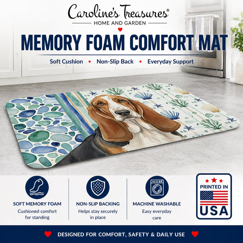 Tricolor and White Basset Hound Coastal Sea Glass Memory Foam Kitchen Mat Machine Washable Anti-Fatigue Cushion Comfort Bath or Kitchen Rug