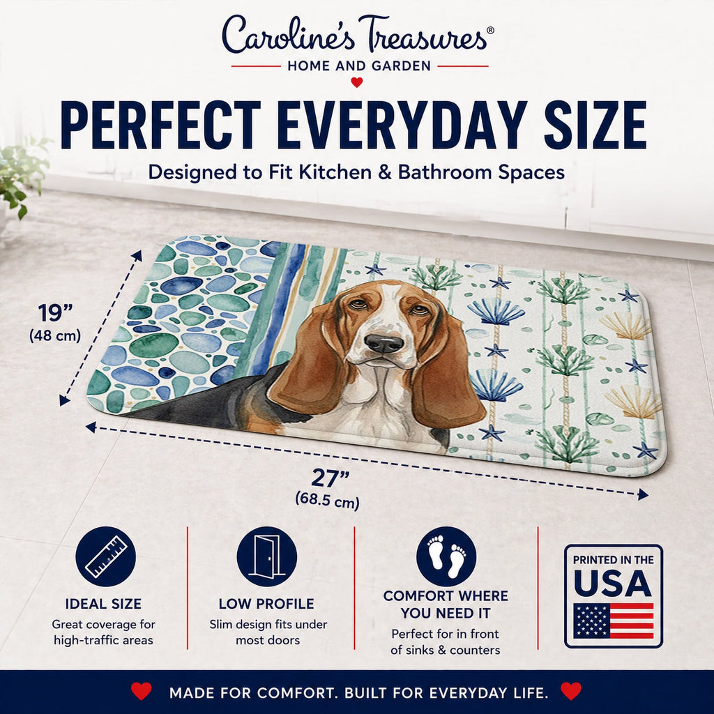 Tricolor and White Basset Hound Coastal Sea Glass Memory Foam Kitchen Mat Machine Washable Anti-Fatigue Cushion Comfort Bath or Kitchen Rug