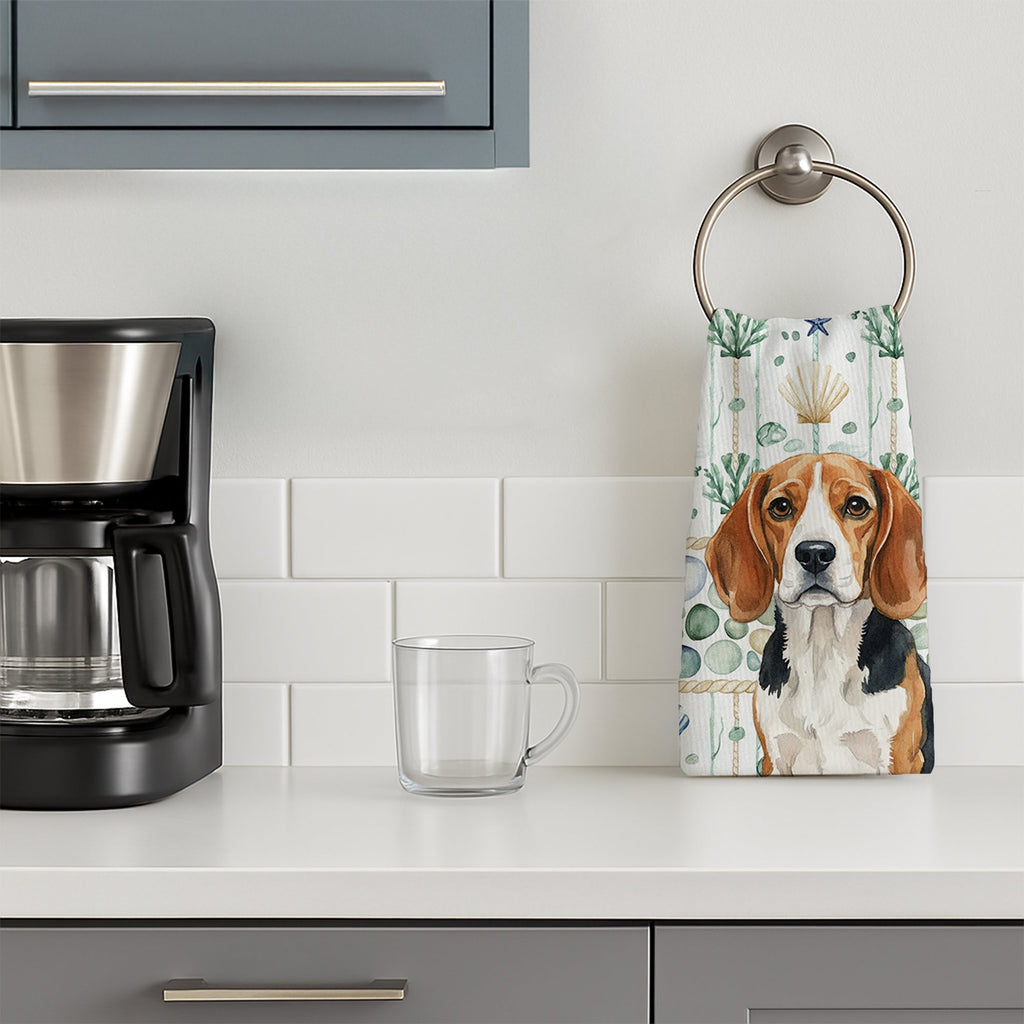 Beagle Coastal Sea Glass Kitchen Towel Velour Plush Front and Cotton Loop Back Machine Washable