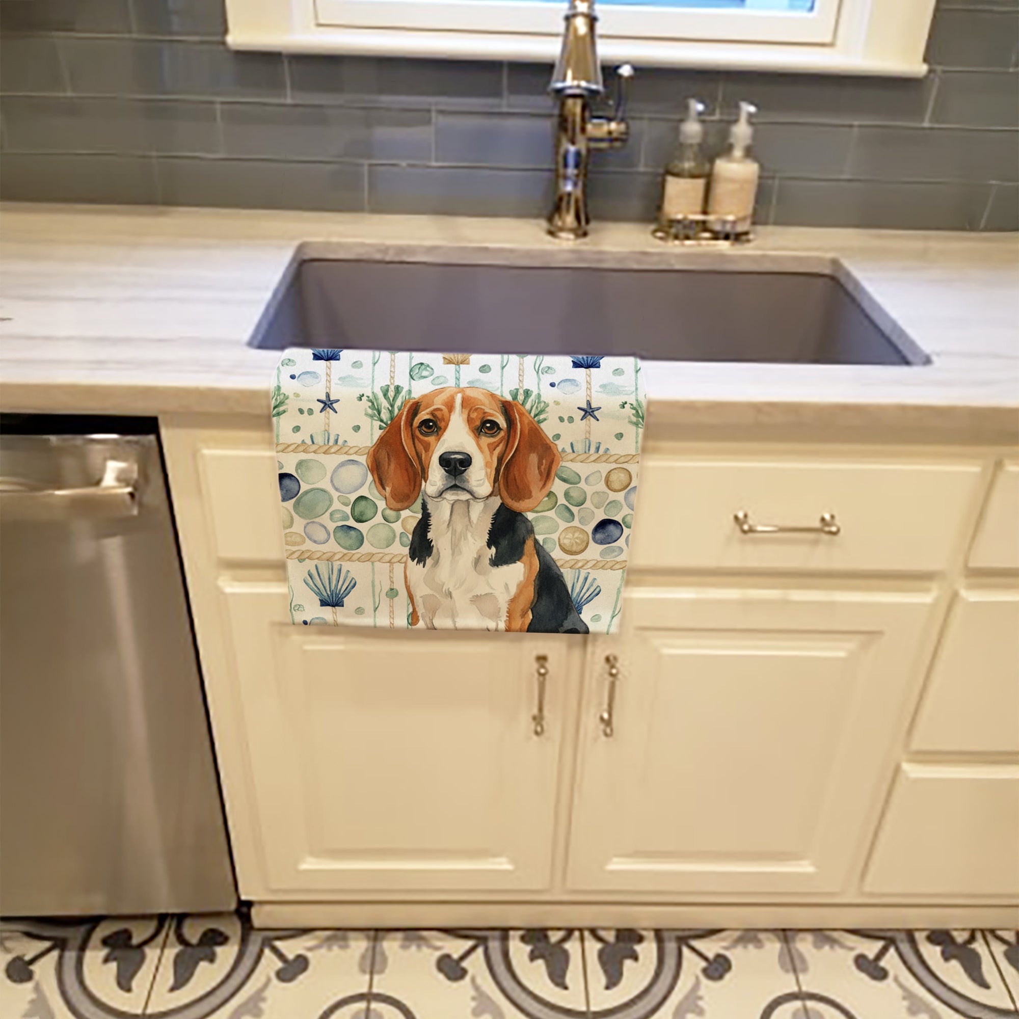Beagle Coastal Sea Glass Kitchen Towel Velour Plush Front and Cotton Loop Back Machine Washable