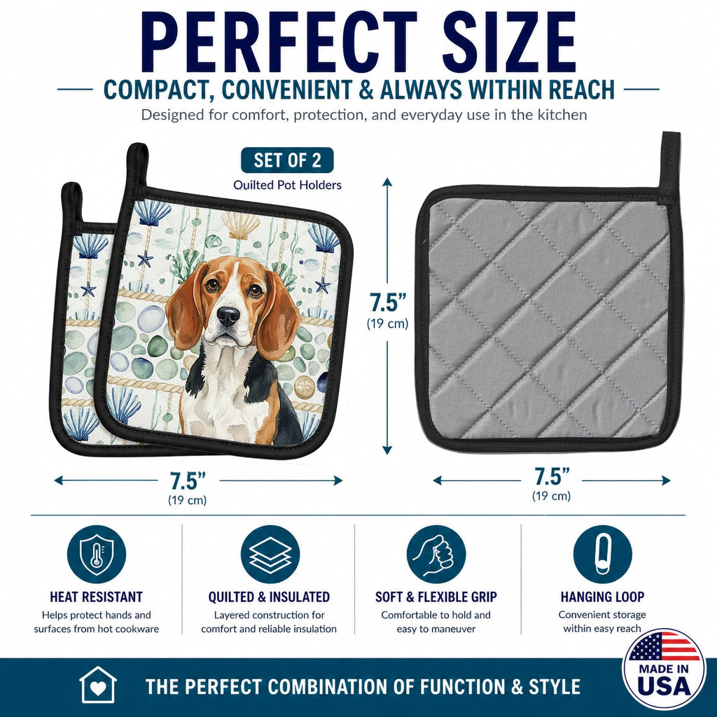 Beagle Coastal Sea Glass Pot Holder Set of 2 Heat Resistant Quilted Hot Pads 7.5 x 7.5 Inch, Insulated Kitchen Trivets for Cooking & Baking
