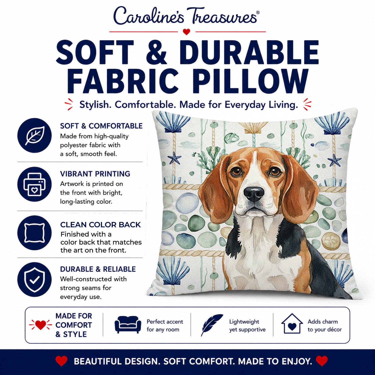 Beagle Coastal Sea Glass Decorative Throw Pillow 18x18 Indoor Outdoor Accent Cushion, Fabric Cover with Insert for Sofa, Bed, Porch & Living Room