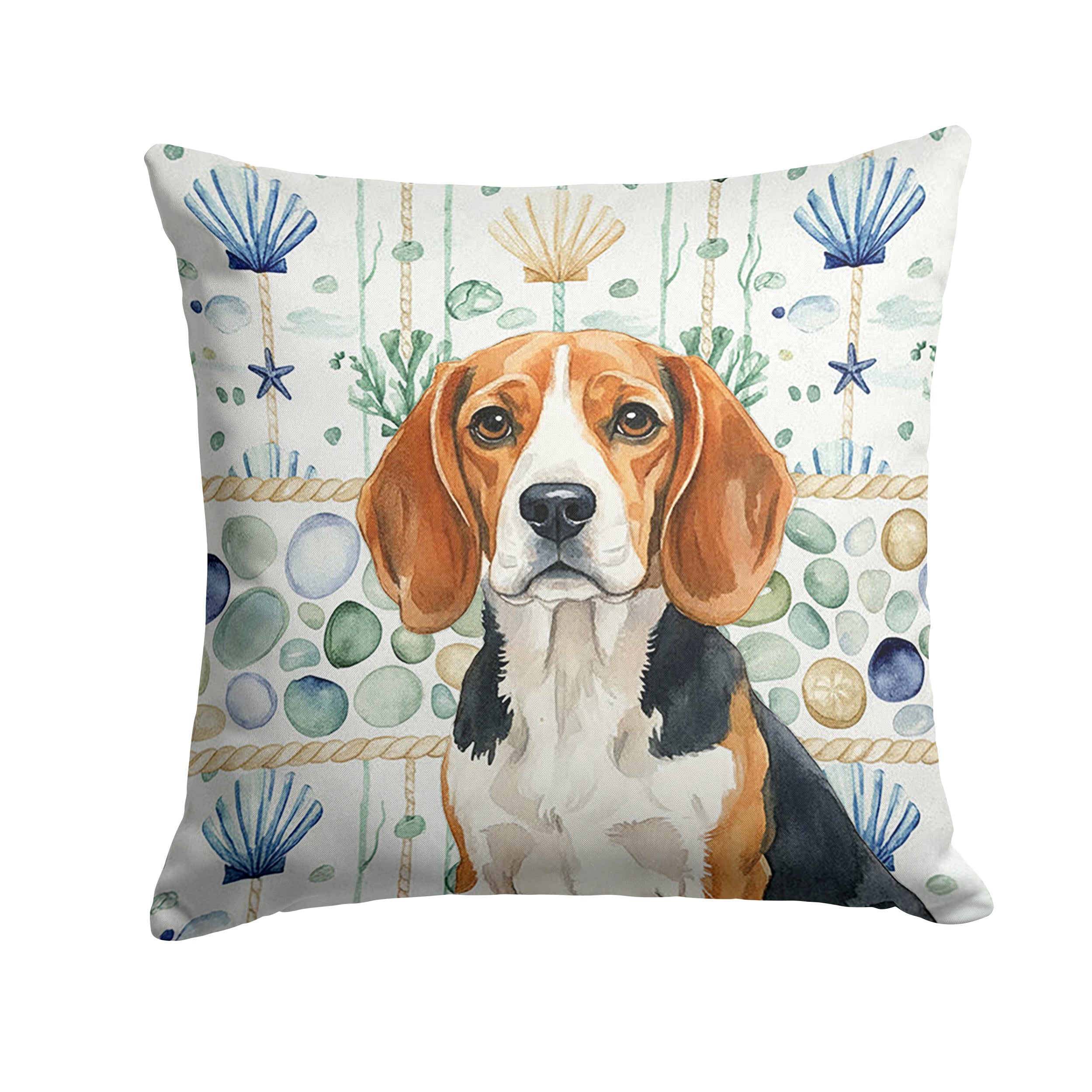Beagle Coastal Sea Glass Decorative Throw Pillow 18x18 Indoor Outdoor Accent Cushion, Fabric Cover with Insert for Sofa, Bed, Porch & Living Room