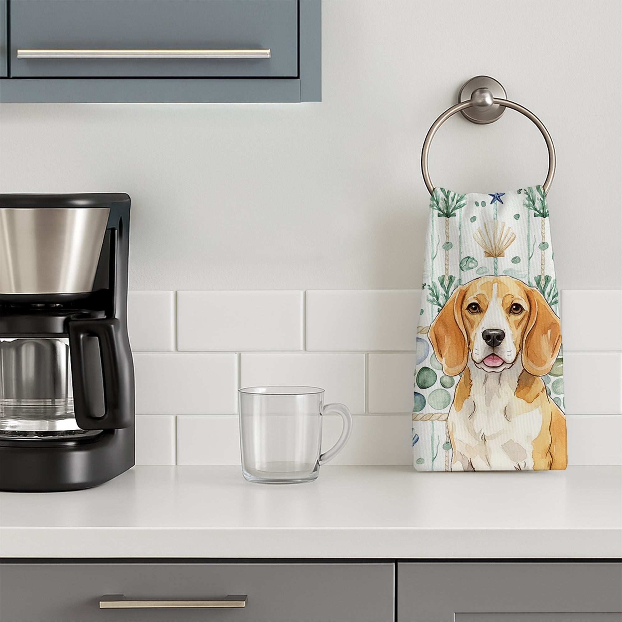Lemon and White Beagle Coastal Sea Glass Kitchen Towel Velour Plush Front and Cotton Loop Back Machine Washable