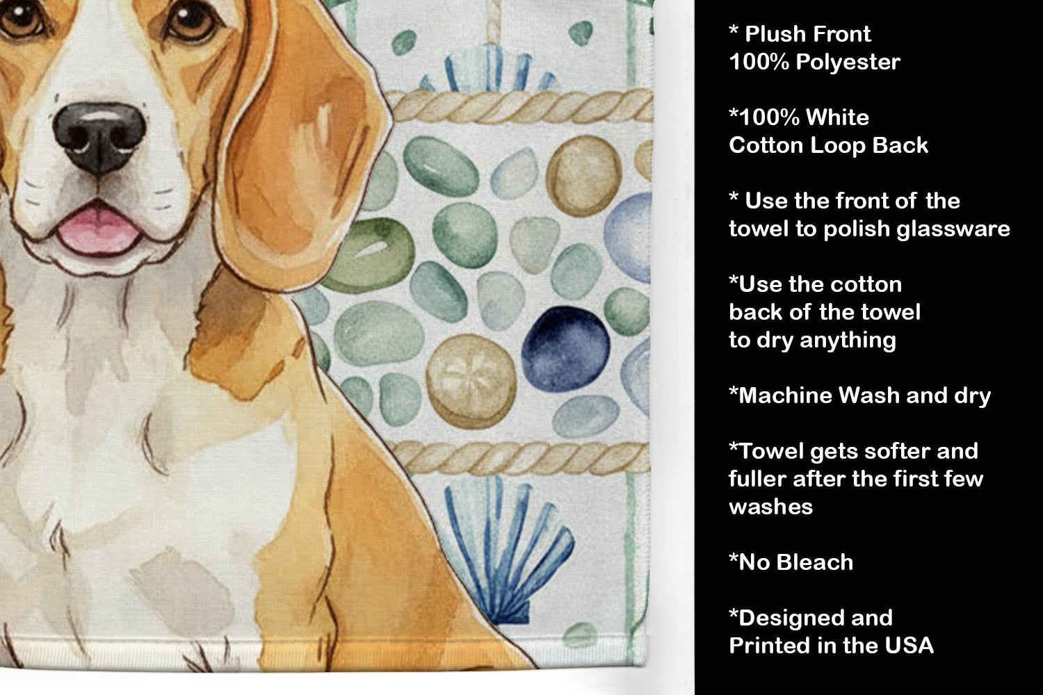 Lemon and White Beagle Coastal Sea Glass Kitchen Towel Velour Plush Front and Cotton Loop Back Machine Washable