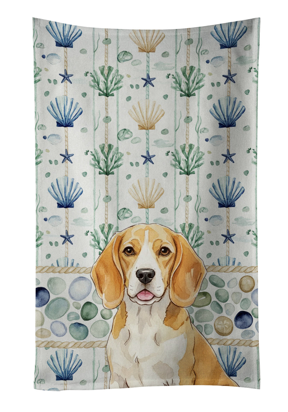 Lemon and White Beagle Coastal Sea Glass Kitchen Towel Velour Plush Front and Cotton Loop Back Machine Washable