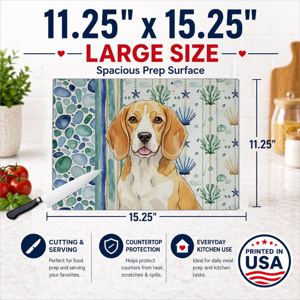 Lemon and White Beagle Coastal Sea Glass Cutting Board Tempered Glass Kitchen Cutting Surface, Heat Resistant Chopping, Non-Slip Feet, Food Prep & Serving