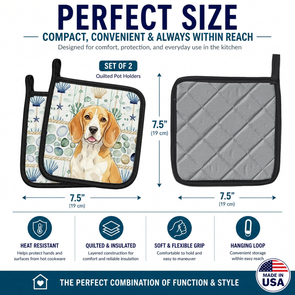 Lemon and White Beagle Coastal Sea Glass Pot Holder Set of 2 Heat Resistant Quilted Hot Pads 7.5 x 7.5 Inch, Insulated Kitchen Trivets for Cooking & Baking