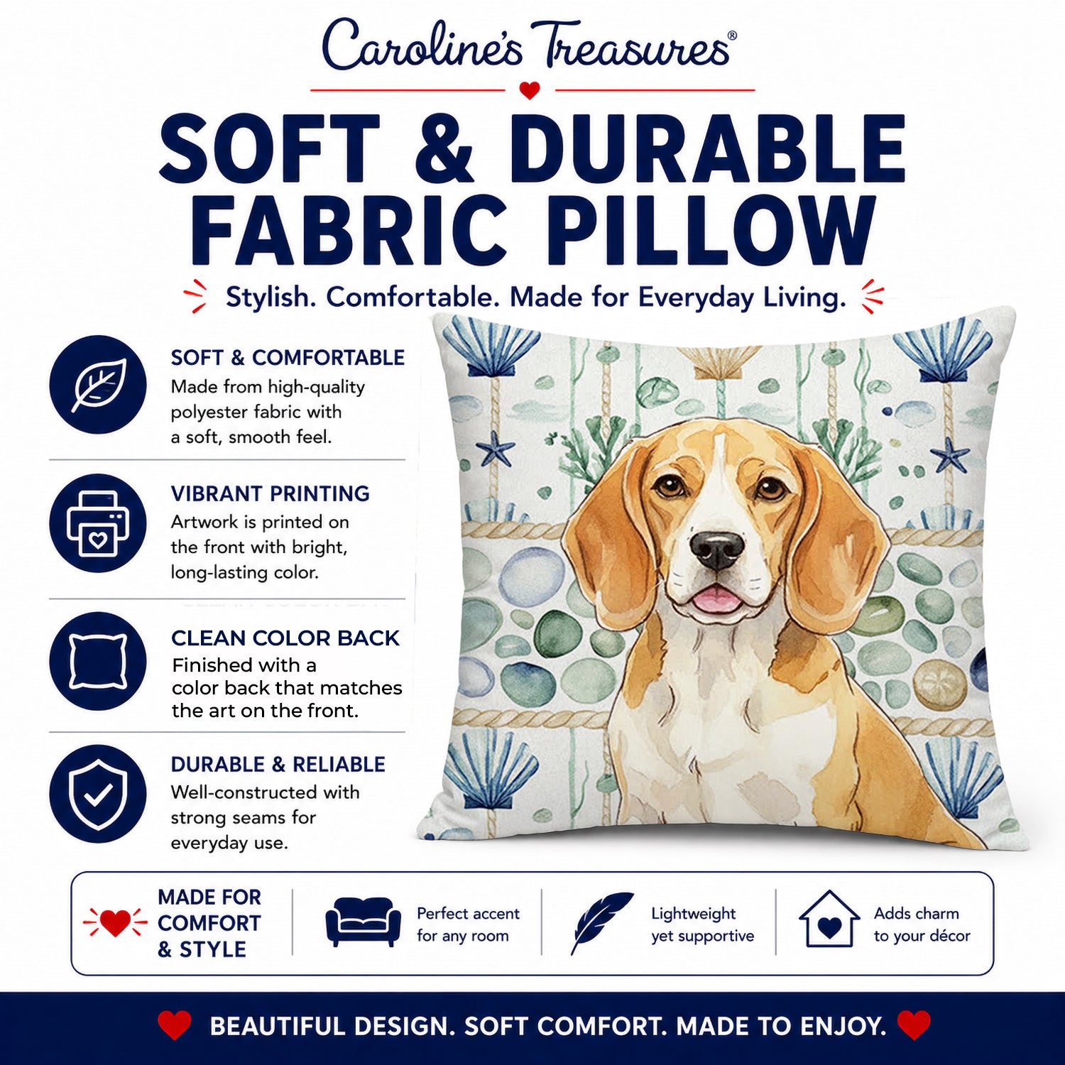 Lemon and White Beagle Coastal Sea Glass Decorative Throw Pillow 14x14 Indoor Outdoor Accent Cushion, Fabric Cover with Insert for Sofa, Bed, Porch & Living Room