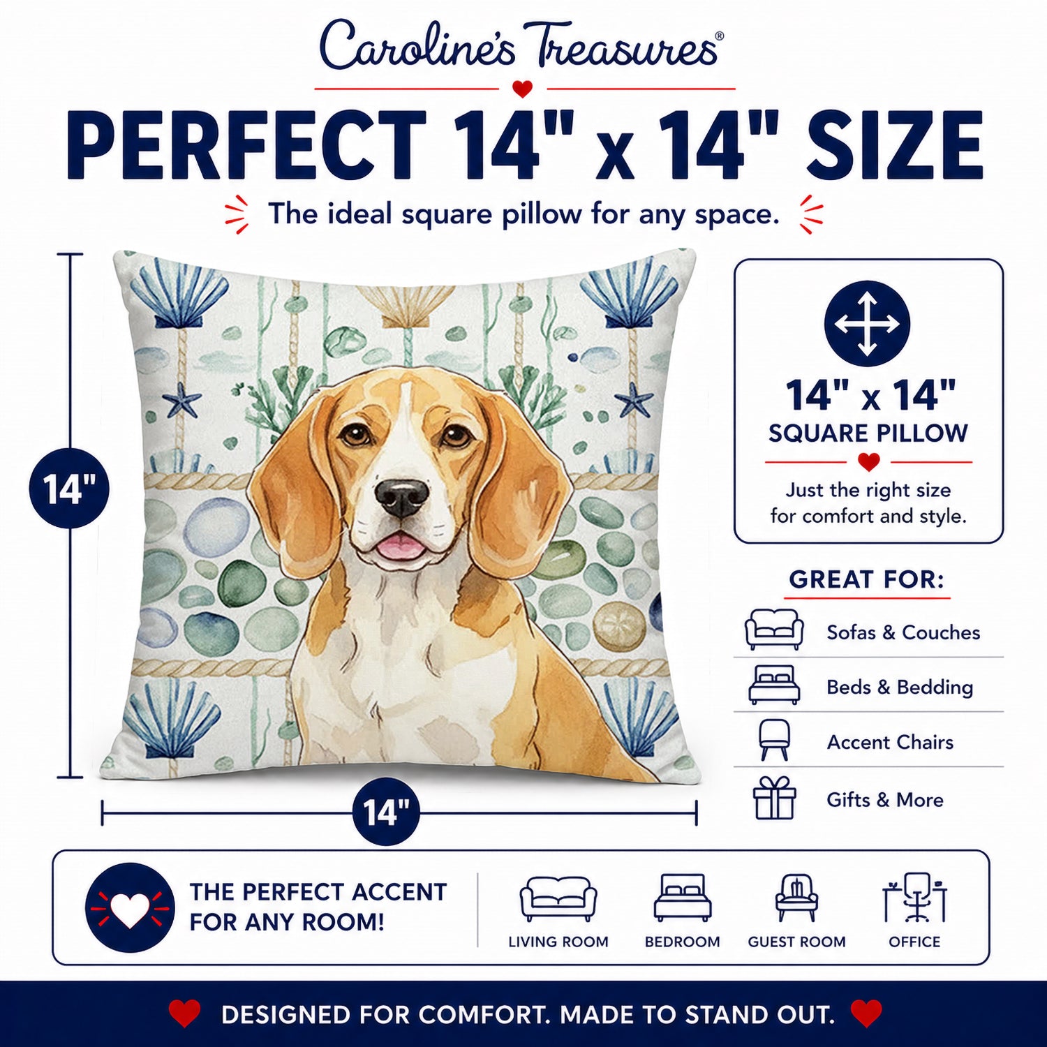 Lemon and White Beagle Coastal Sea Glass Decorative Throw Pillow 14x14 Indoor Outdoor Accent Cushion, Fabric Cover with Insert for Sofa, Bed, Porch & Living Room