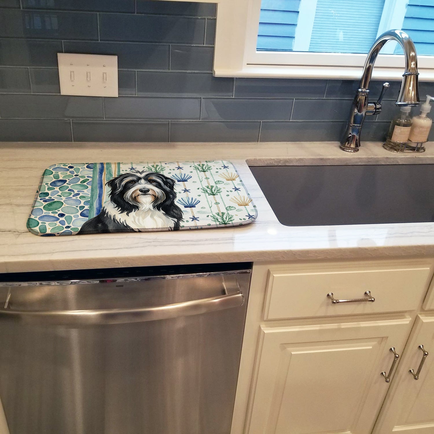 Black Bearded Collie Coastal Sea Glass Dish Drying Mat Absorbent Dish Drying Mat Pad for Kitchen Counter Dish Drainer Mat for Countertop, 14 x 21", Multicolor