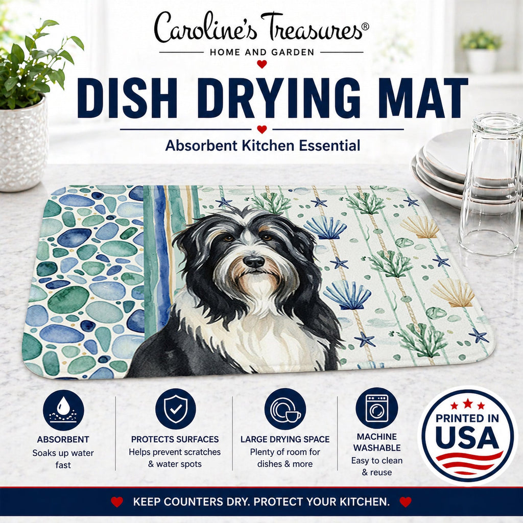 Black Bearded Collie Coastal Sea Glass Dish Drying Mat Absorbent Dish Drying Mat Pad for Kitchen Counter Dish Drainer Mat for Countertop, 14 x 21", Multicolor